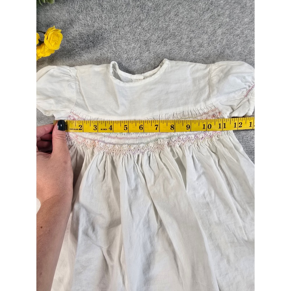 Vintage Hand Smocked Baby Dress White Cotton Pastel Embroidery Short Sleeve 3-6m - Picture 6 of 9